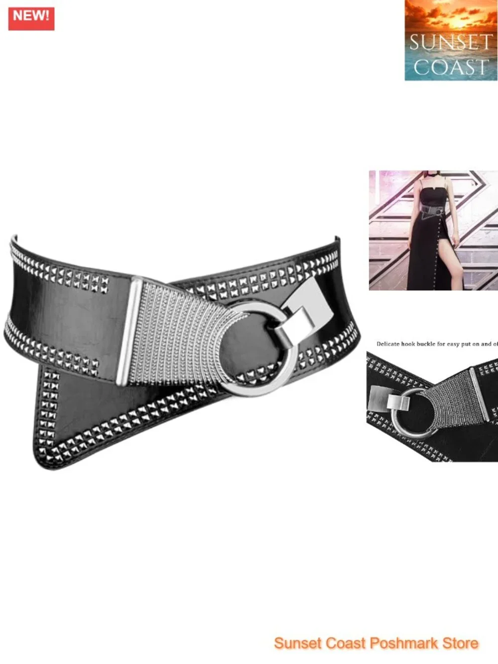 Womens Studded Elastic Wide Punk Chunky Belt for 80s Dresses